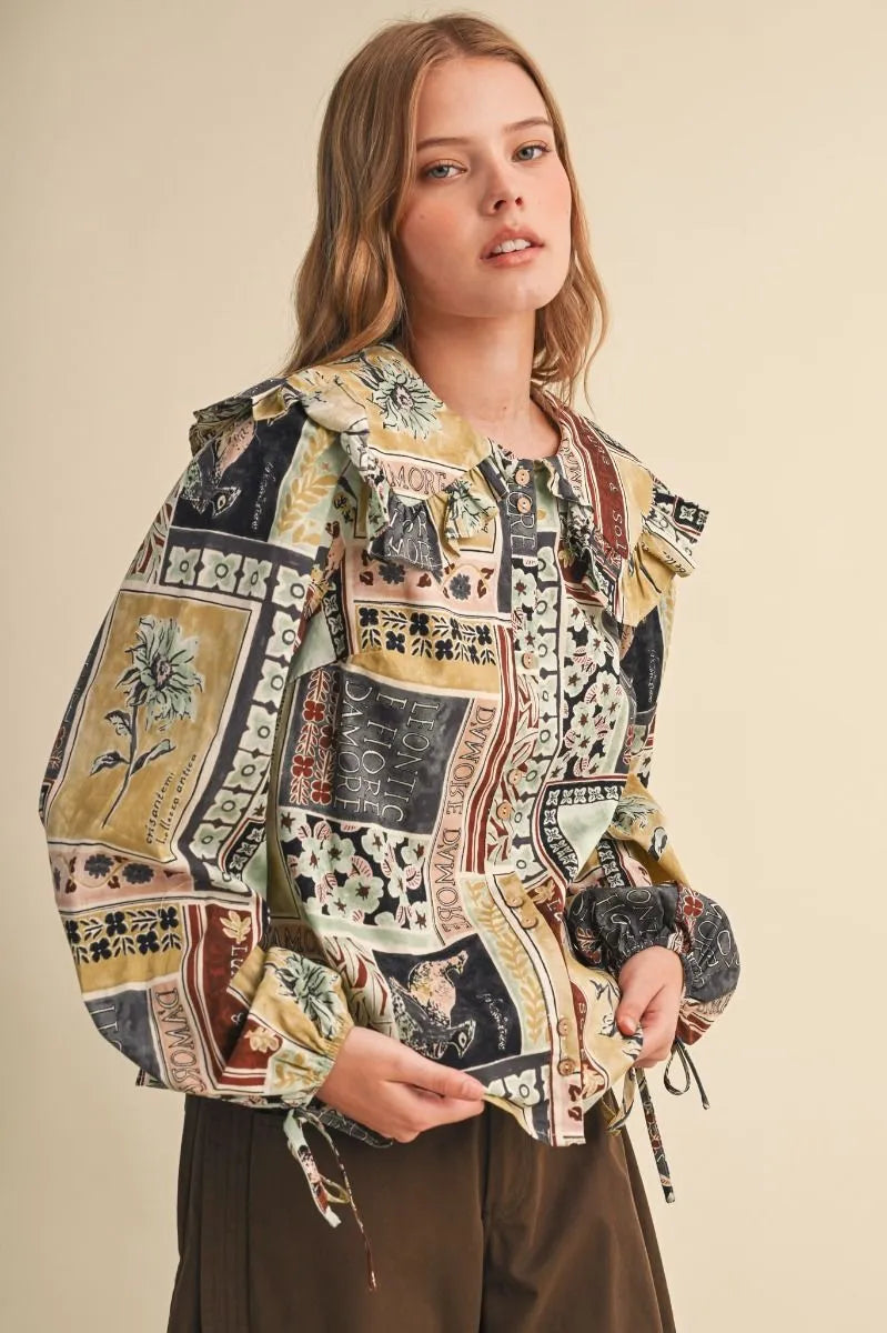 Patchwork Peter Pan Oversize Collar Blouse