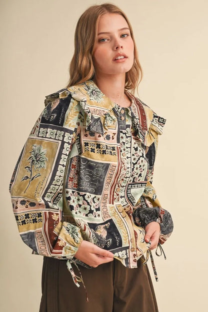 Patchwork Peter Pan Oversize Collar Blouse