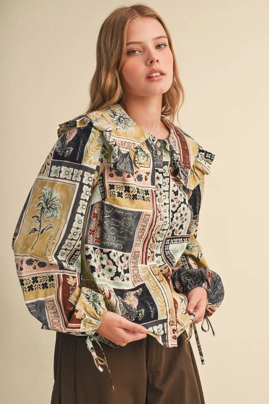 Patchwork Peter Pan Oversize Collar Blouse