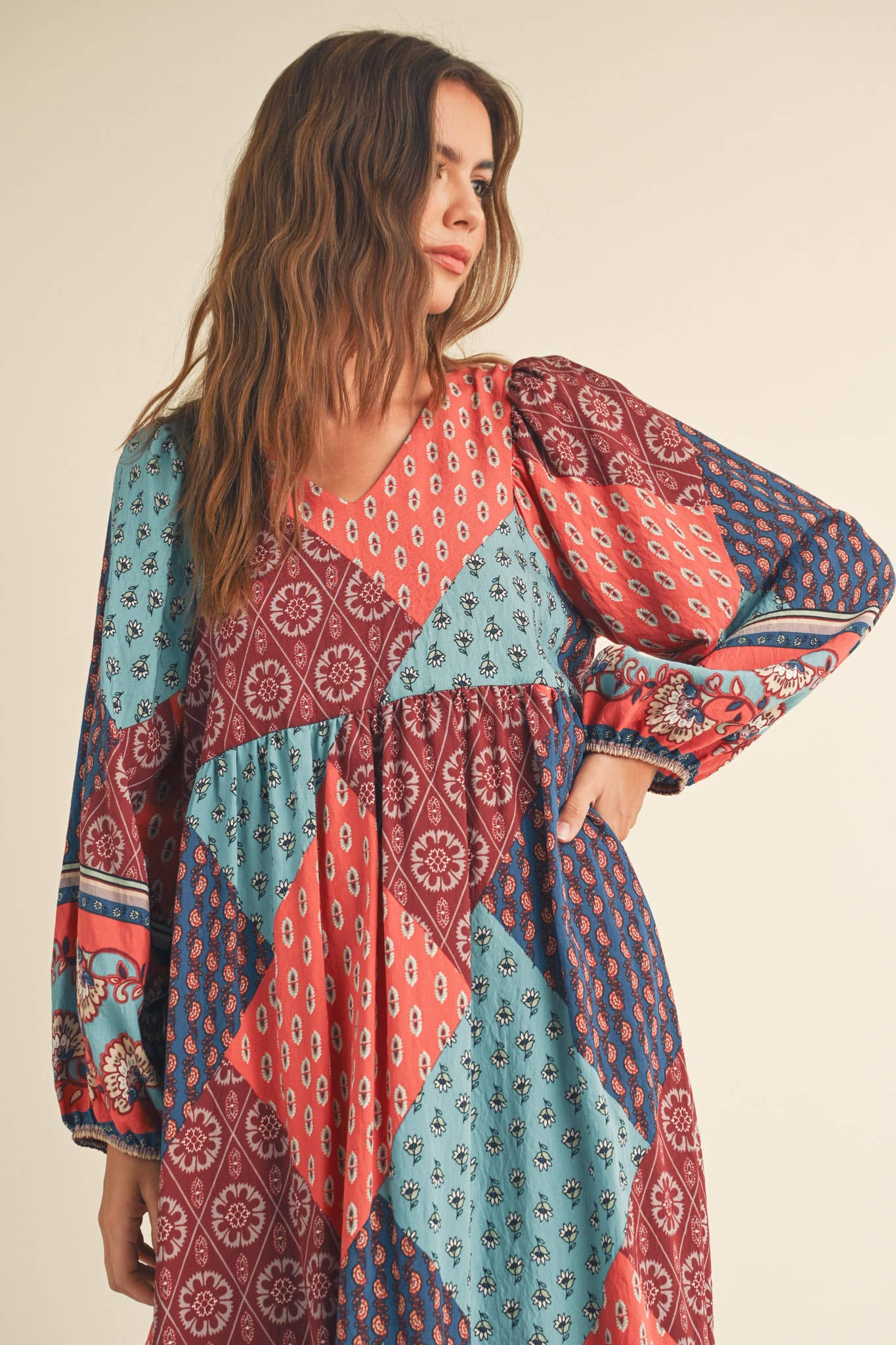 PATCHWORK PRINT BALLOON SLEEVE MIDI DRESS