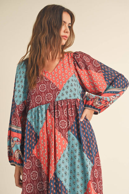 PATCHWORK PRINT BALLOON SLEEVE MIDI DRESS