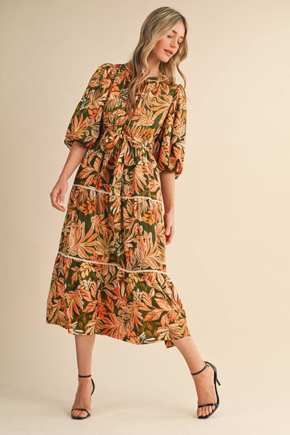 EXCLUSIVE PRINT BUBBLE SLV TIERED MIDI DRESS GREEN FLORAL LEAF TIE
