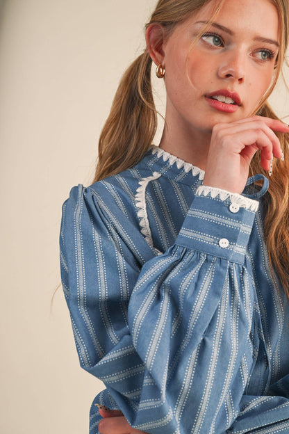 STRIPED PUFF SLEEVE TOP WITH BLANKET STITCH BLUE BLOUSE - PRE ORDER