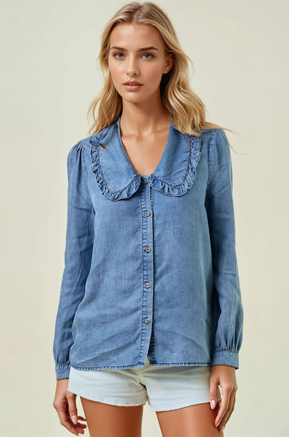 Tencel Denim Long Sleeve Button Down Shirt Blouse