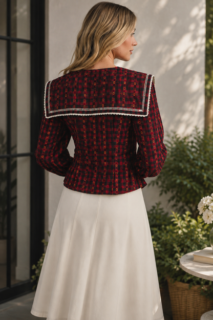 Plaid Red Black White Scallop Lace Peter Pan Oversize Collar Blouse