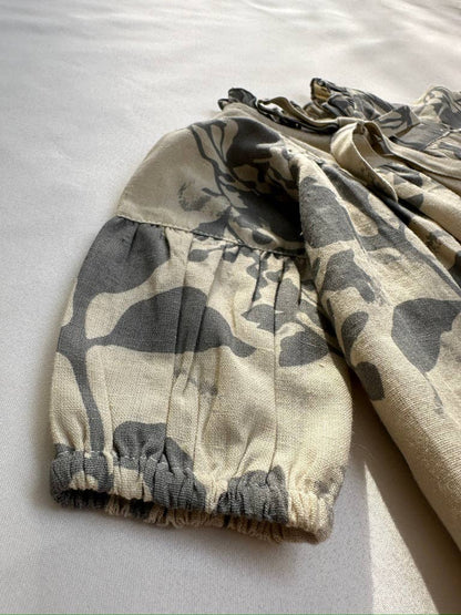 Grey Leaf Printed Gathered Long Sleeve Dress