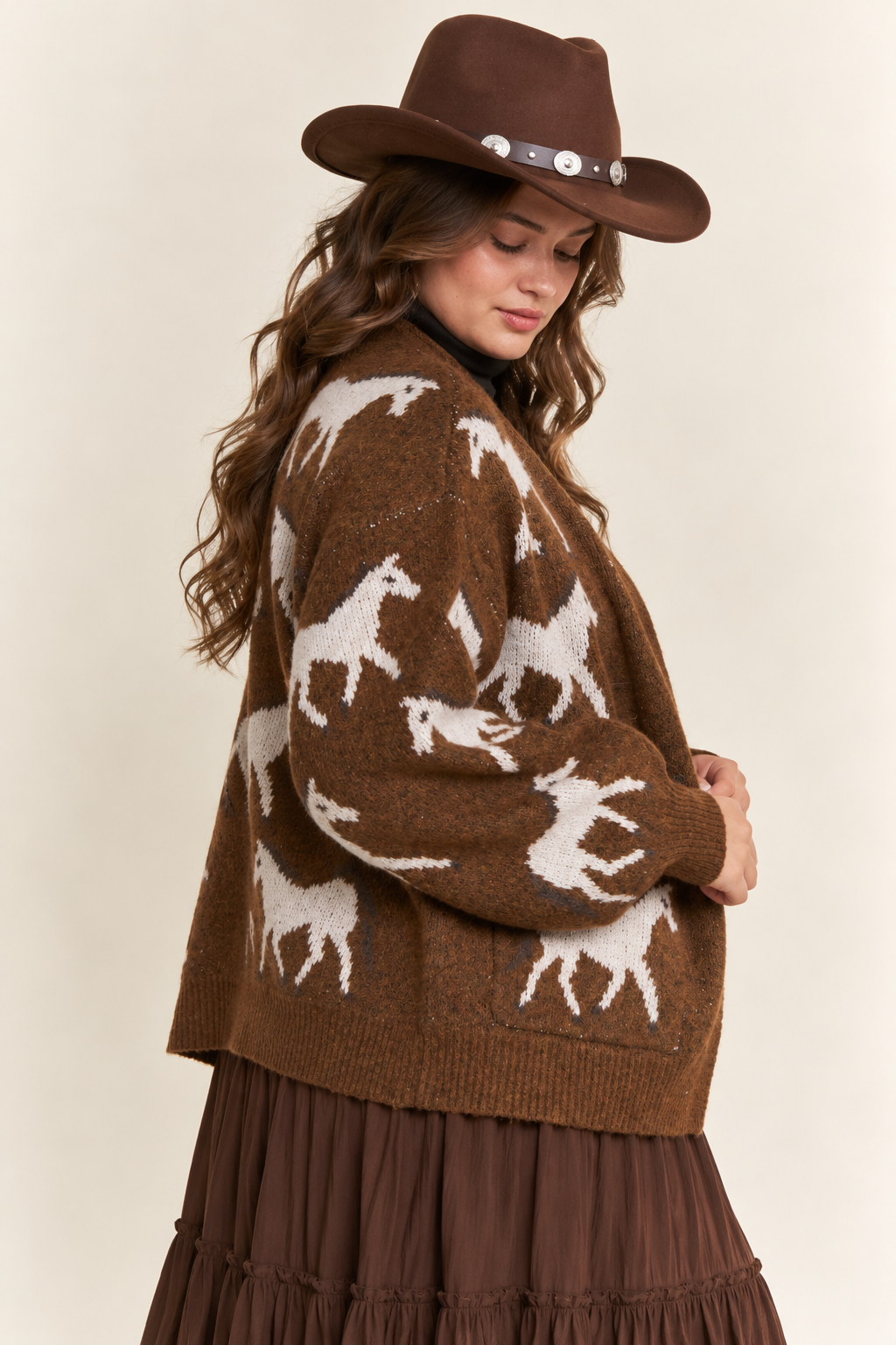 TWO TONE BROWN BLACK WHITE HORSE CARDIGAN