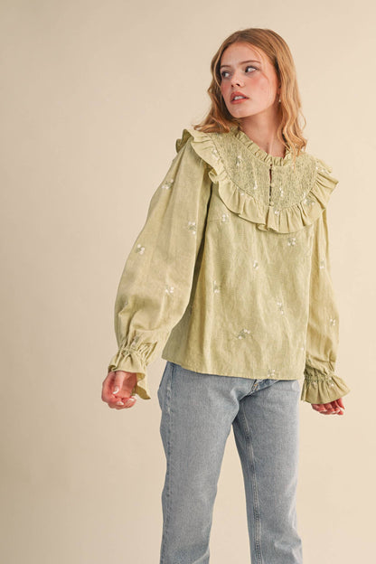 RUFFLED SMOCKED YOKE EMBROIDERED BLOUSE Multiple Color - PRE ORDER