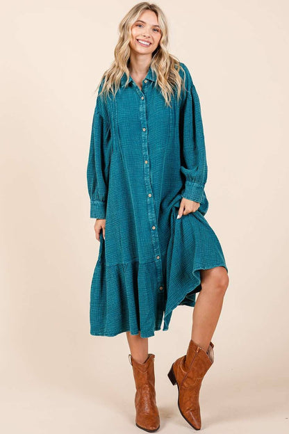 MINERAL WASH COTTON GAUZE RUFFLE MIDI SHIRT OVERSIZE DRESS