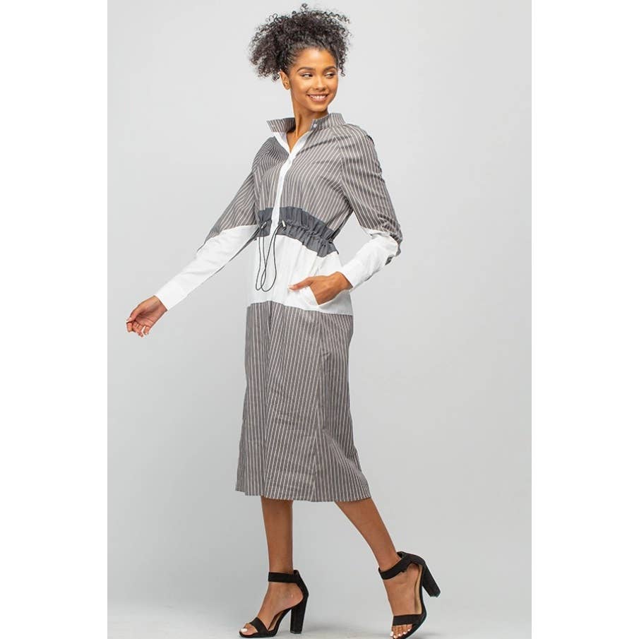 Pattern Blocked Dress with Drawstring