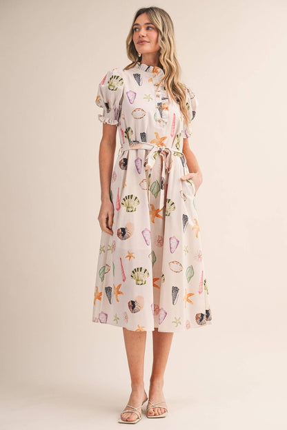 SEASHELL PRINT RUFFLE COLLAR BELTED MIDI DRESS