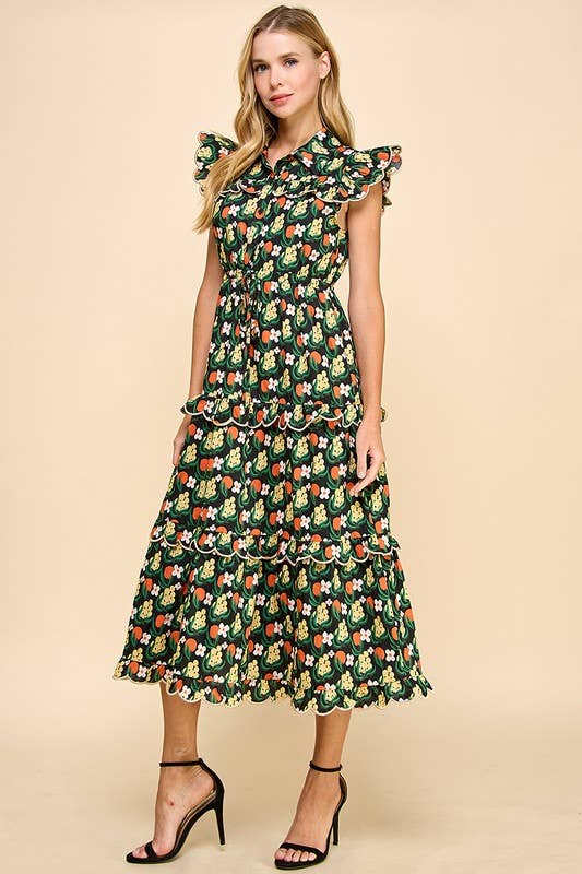 Floral Print Scalloped Detail Midi Dress