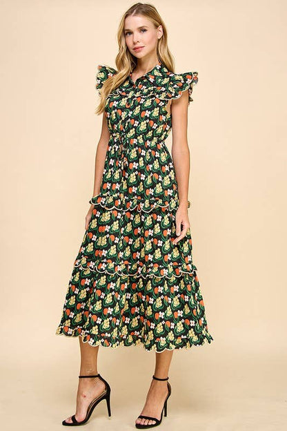 Floral Print Scalloped Detail Midi Dress
