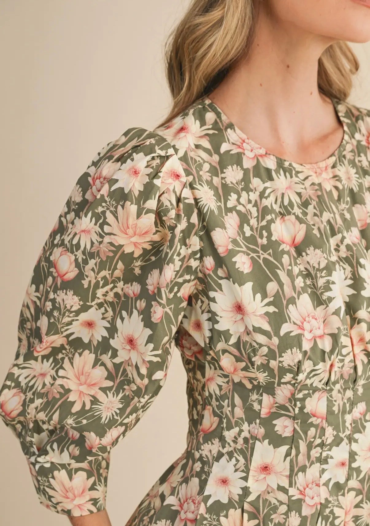 Olive Green Floral Pleated Midi Dress