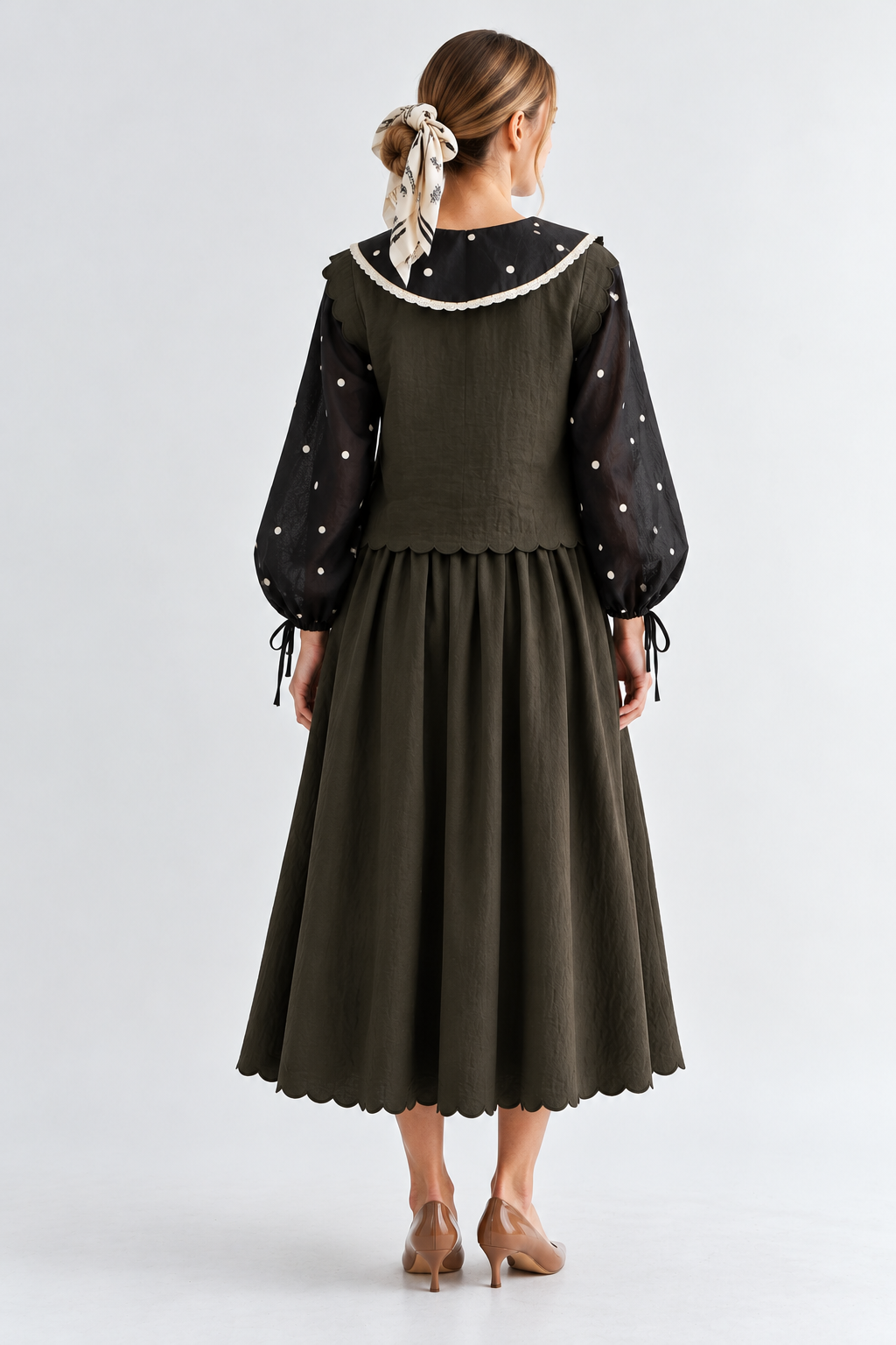 OLIVE GREEN SCALLOP EDGE MAXI TOP SKIRT SET