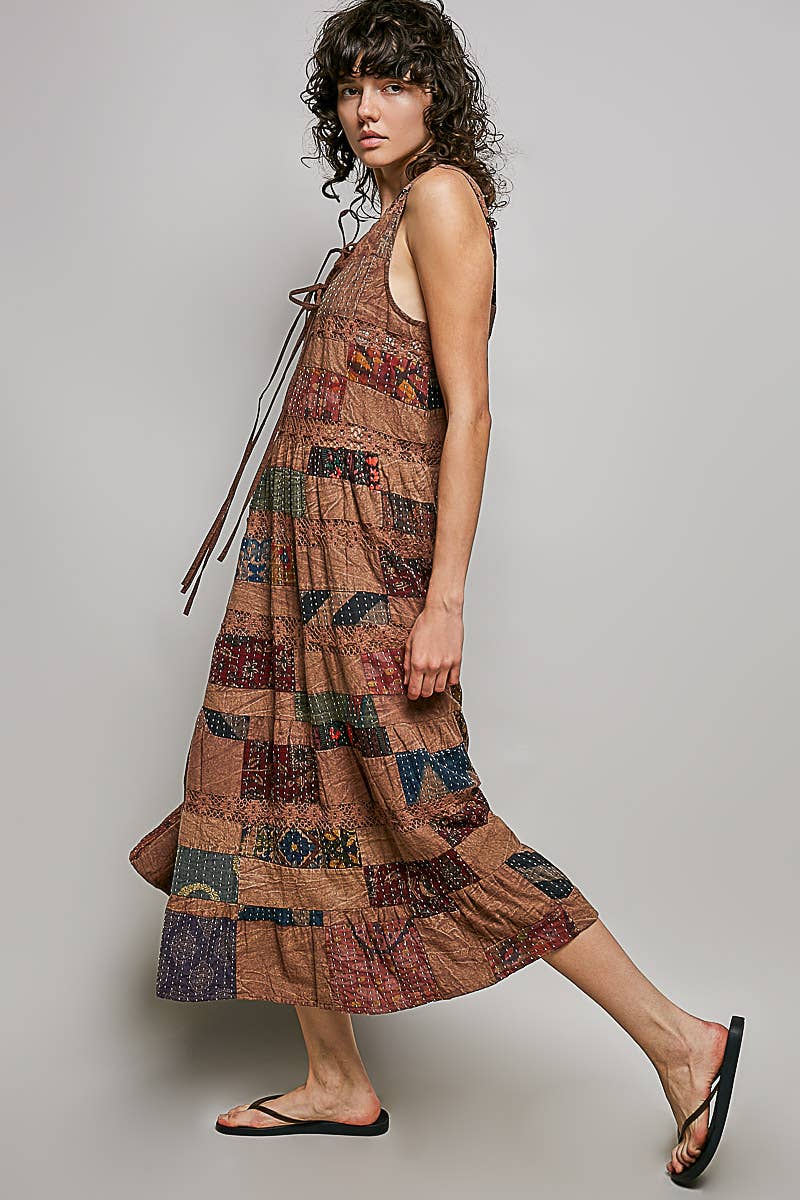 V-neck Lace Trim Patchwork Boho Sleeveless Roomy Pol Fit Dress