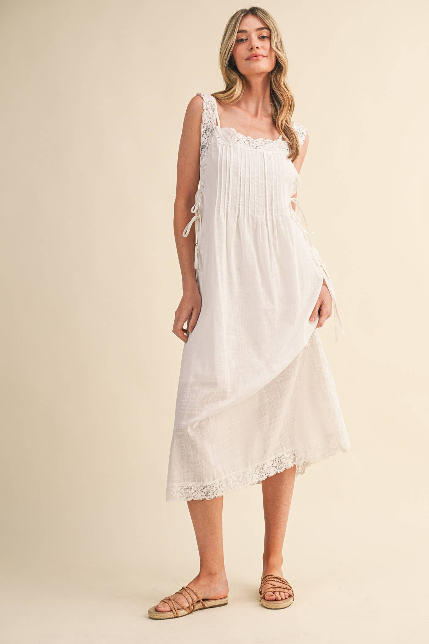 COTTON LACE TRIM SIDE TYING MIDI DRESS BLACK WHITE