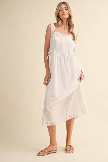 COTTON LACE TRIM SIDE TYING MIDI DRESS BLACK WHITE