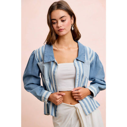 WASHED MULTI STRIPED DENIM BUTTONED SHACKET TOP