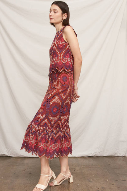 Eyelet Embroidered Blouse and Midi Skirt with Uneven Hem Scallop