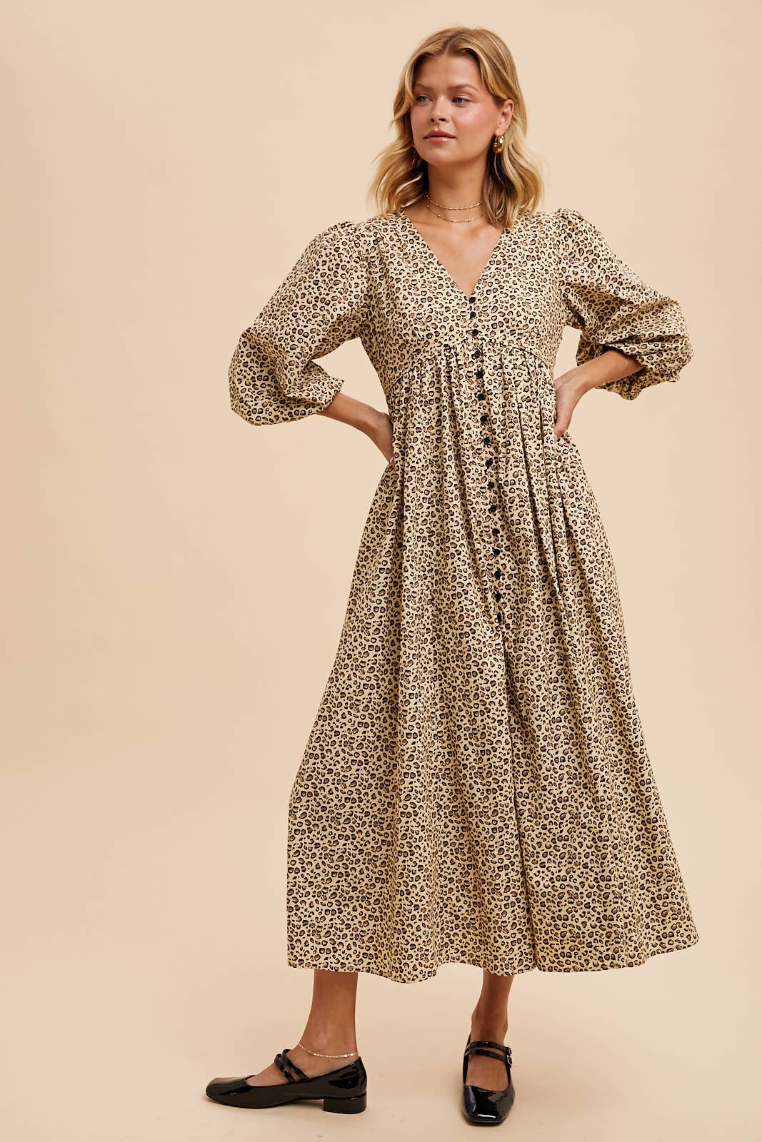 COTTON LEOPARD PRINT BUTTON MAXI DRESS