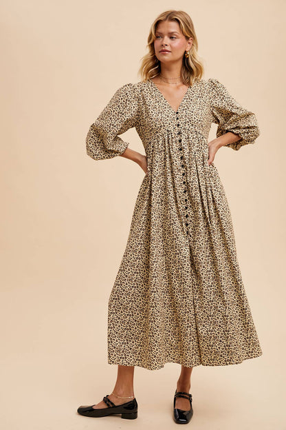 COTTON LEOPARD PRINT BUTTON MAXI DRESS