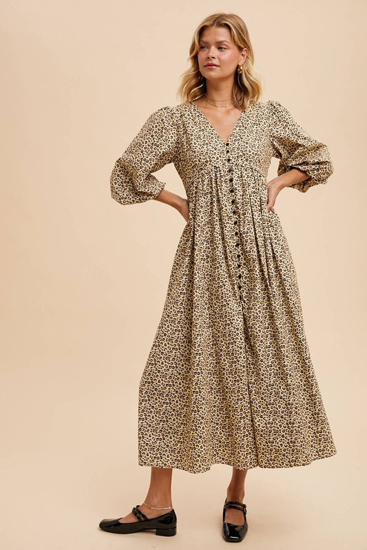 COTTON LEOPARD PRINT BUTTON MAXI DRESS
