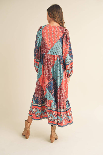 PATCHWORK PRINT BALLOON SLEEVE MIDI DRESS