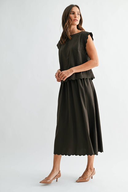 OLIVE GREEN SCALLOP EDGE MAXI TOP SKIRT SET