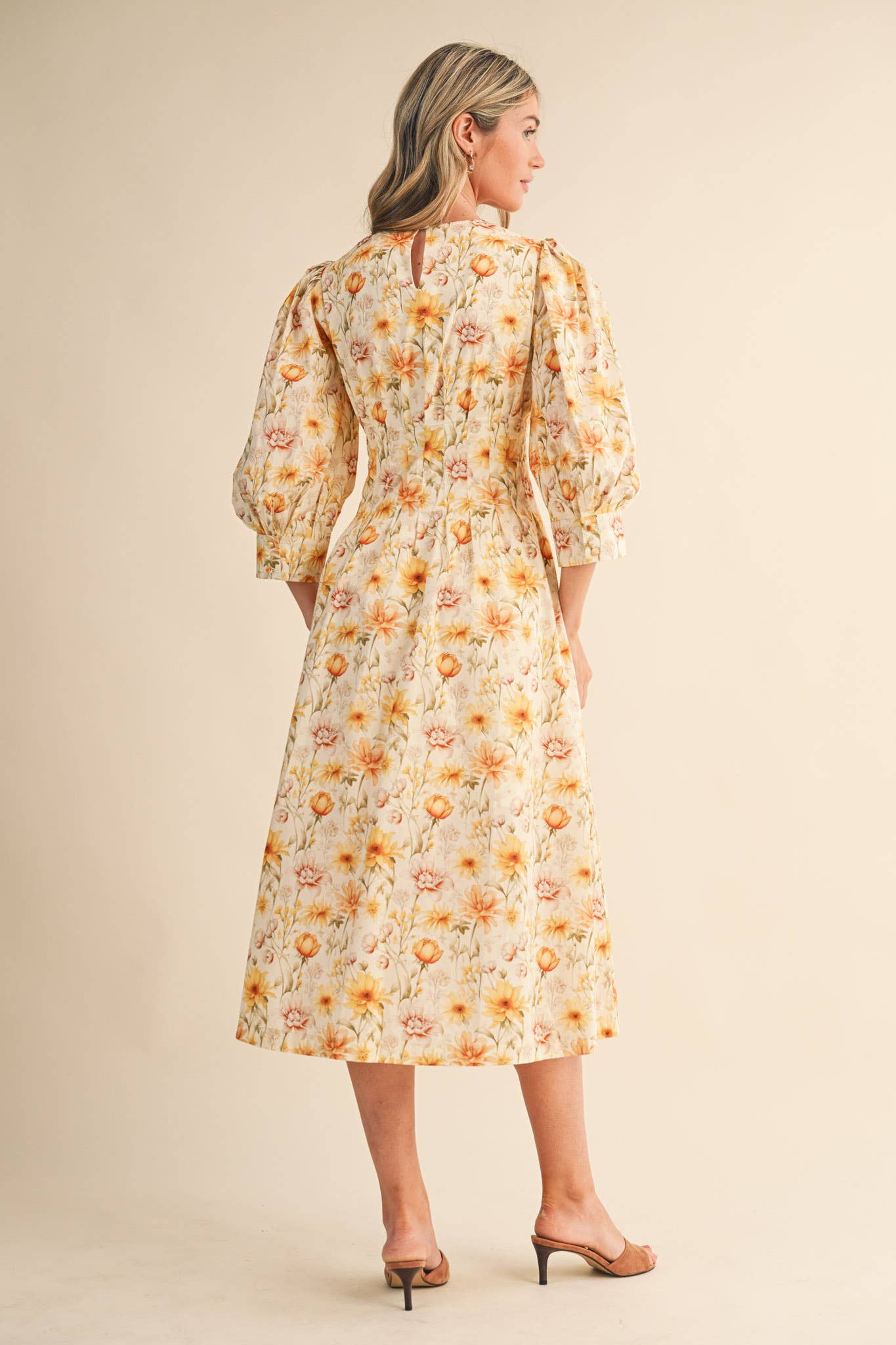 Yellow Floral Pleated Waist Midi Dress