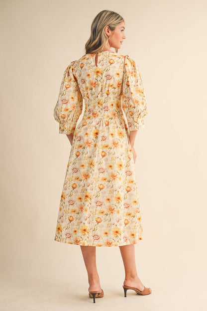 Yellow Floral Pleated Waist Midi Dress