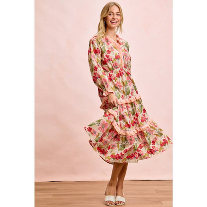 FLORAL PRINT MIDI DRESS WITH RUFFLE SCALLOP EDGE DETAILS