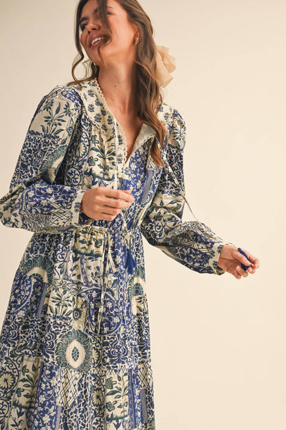 FLORAL TIERED LACE TRIM MIDI DRESS