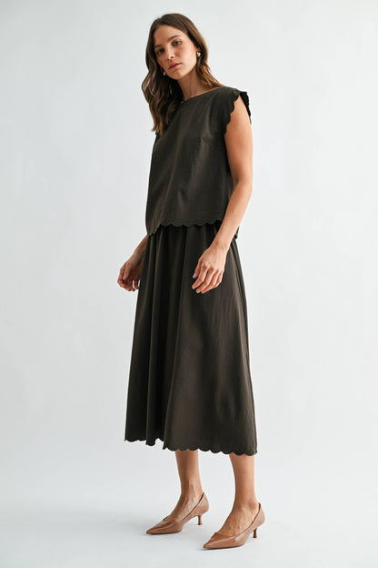 OLIVE GREEN SCALLOP EDGE MAXI TOP SKIRT SET