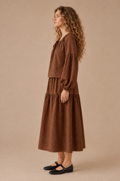 Gingham Long Sleeve Top and Skirt Set