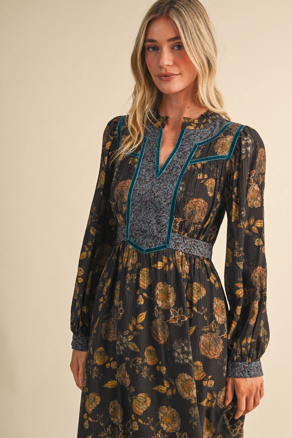 FLORAL PRINT CONTRAST VELVET TRIM MIDI DRESS MDR5304