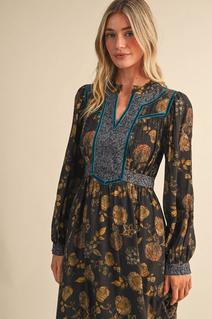 FLORAL PRINT CONTRAST VELVET TRIM MIDI DRESS MDR5304
