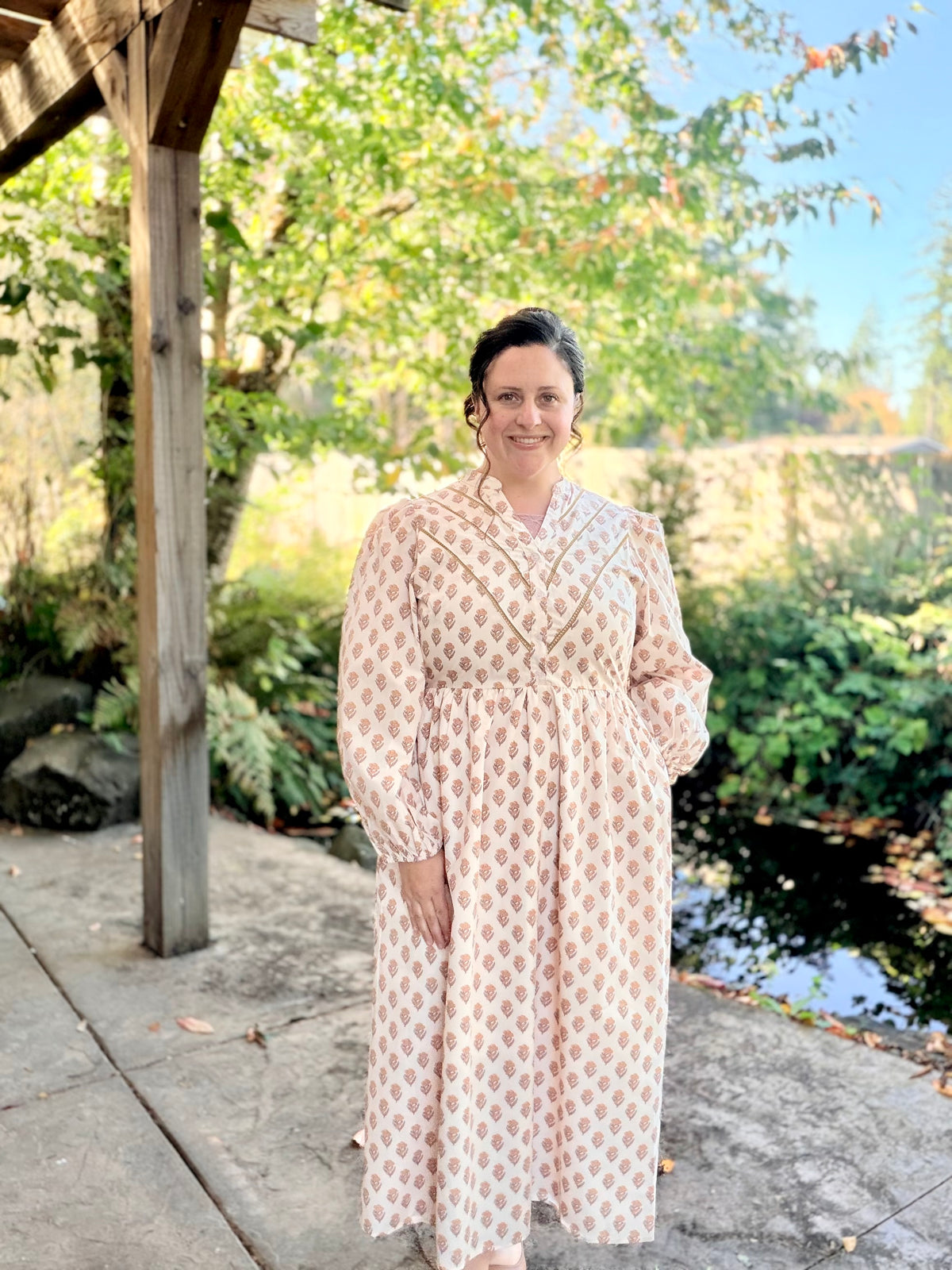 V Neck Button Down Mustard Pink Midi Dress