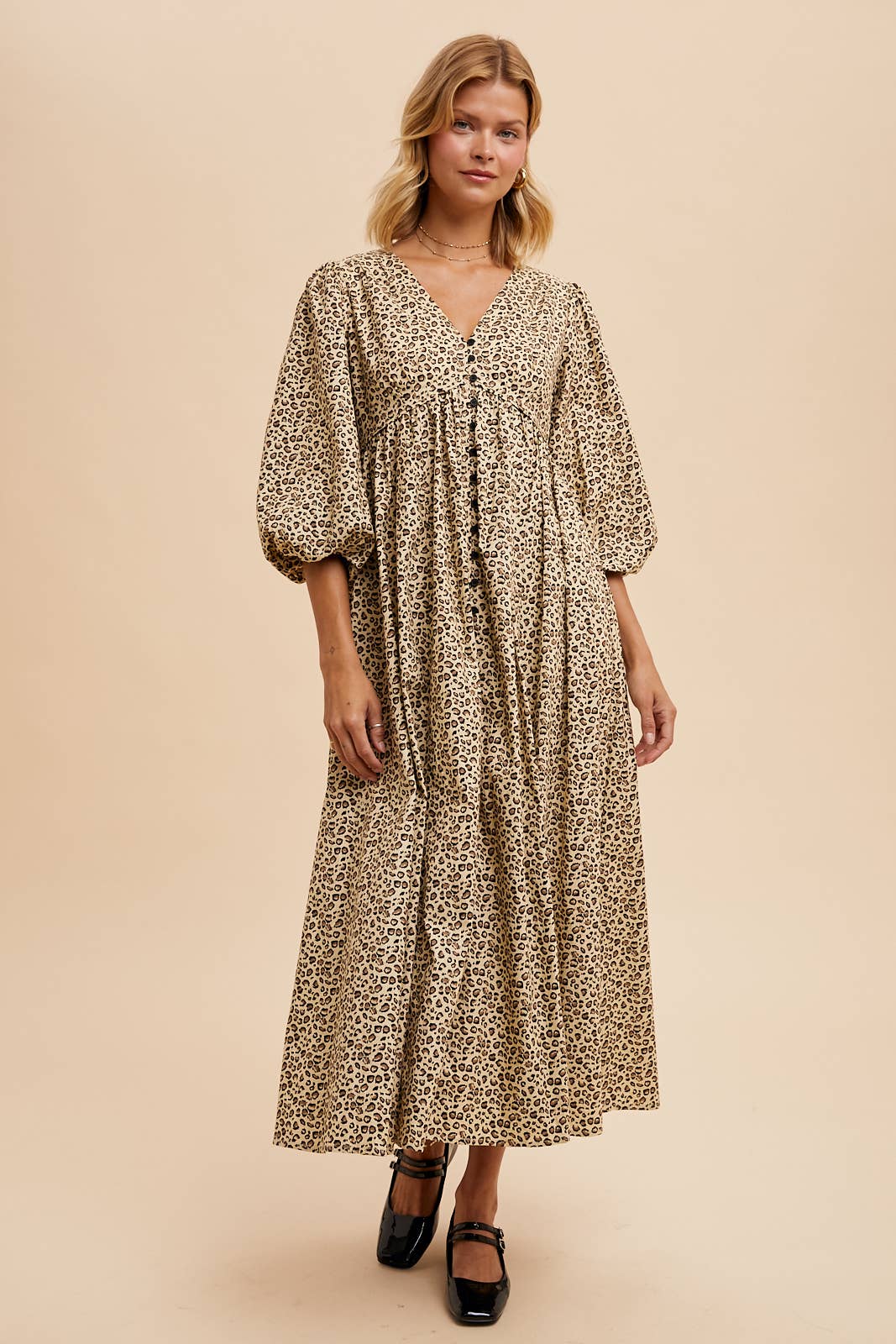 COTTON LEOPARD PRINT BUTTON MAXI DRESS