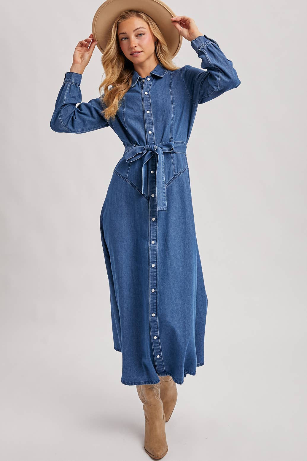 DENIM BUTTON DOWN BELTED SHIRT A-LINE MAXI DRESS