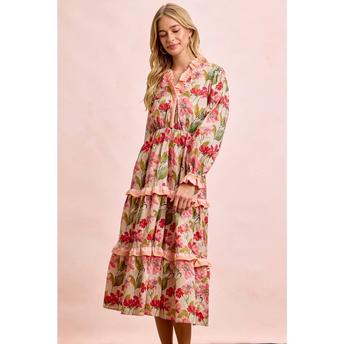 FLORAL PRINT MIDI DRESS WITH RUFFLE SCALLOP EDGE DETAILS