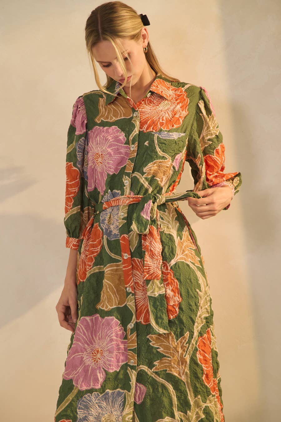 Textured Floral Shirt Dress