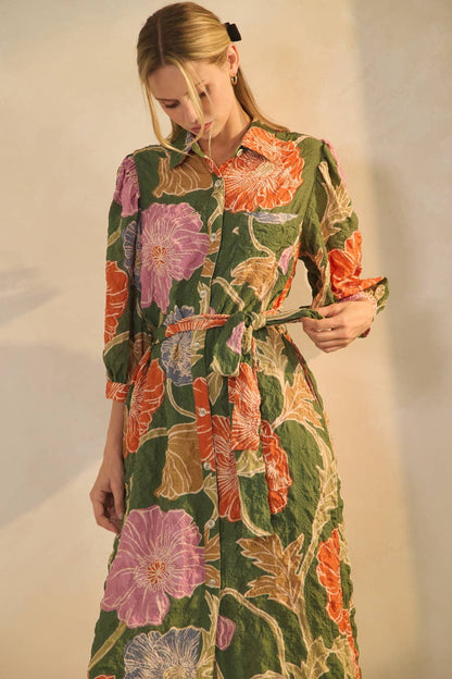 Textured Floral Shirt Dress