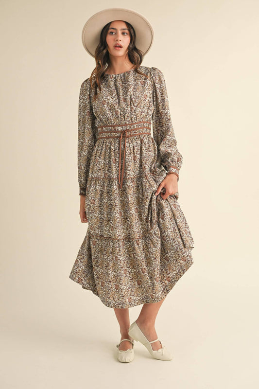 FLORAL MIDI DRESS WITH CONTRAST BINDING