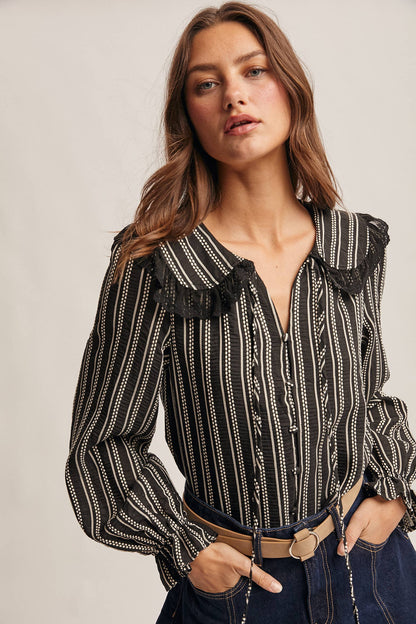 Embroidered Collar Textured Peter Pan Blouse