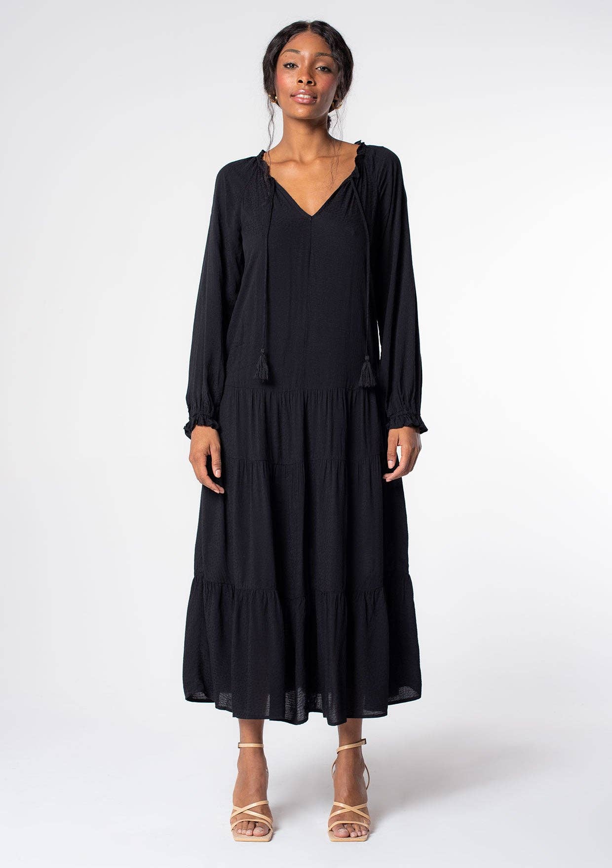 Bohemian Solid Tiered Long Sleeve Midi Dress