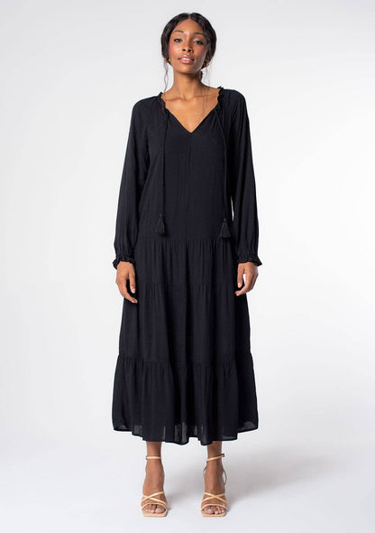 Bohemian Solid Tiered Long Sleeve Midi Dress