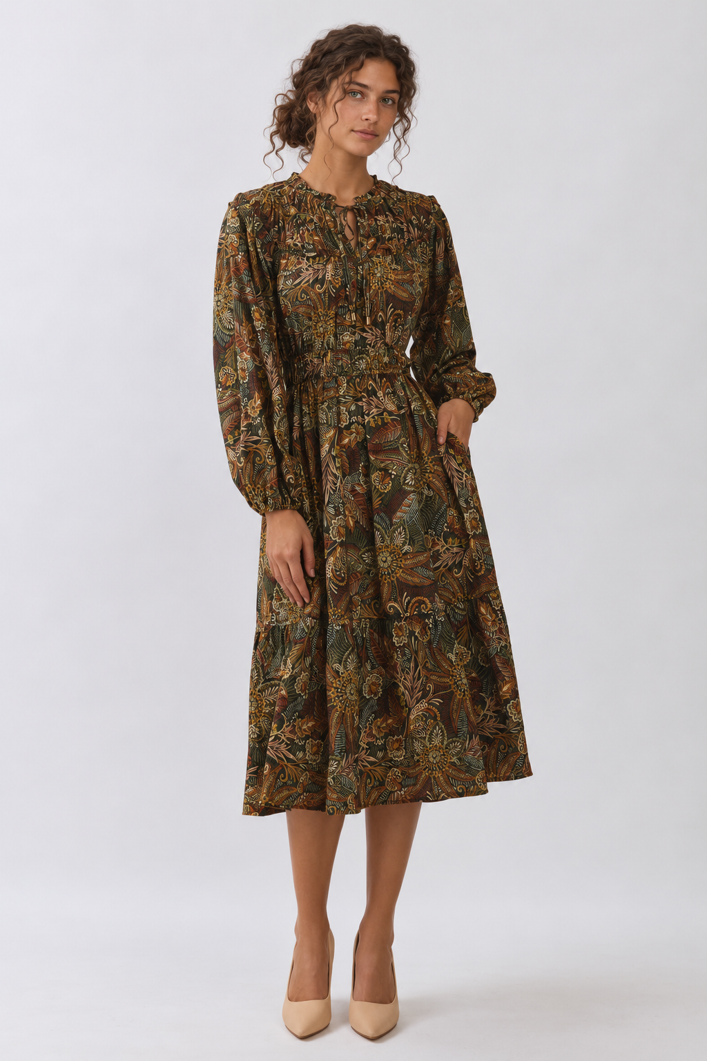 Green Tie Lace Neck Floral Paisley Print Tiered Midi Dress