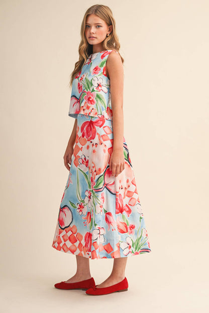 FLORAL PRINT CROP TANK AND MIDI SKIRT SET - MULTIPLE COLORS