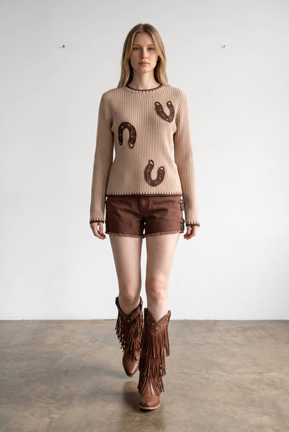 Western Horseshoe Ribbed Sweater